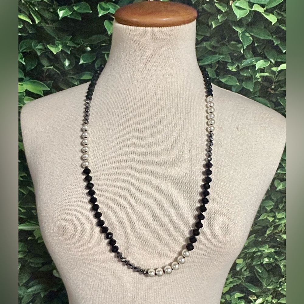 Glass Bead Necklace Faux Pearl Black Silver Beads Fashion Jewelry 30"